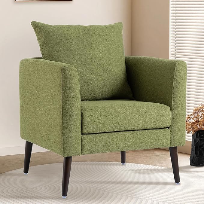 QKFF Barrel Accent Chair with Back Pillow, Large Upholstered Armchair with Solid Wood Legs Modern Reading Chairs for Living Room Bedroom