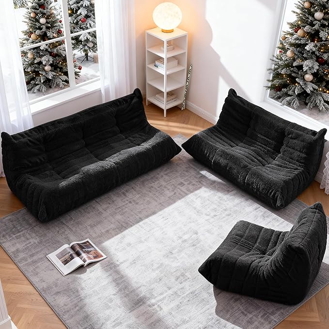 Bean Bag Loveseat Chair Big Sofa Beanbag Chair for Adults Fireside Chair Bean Bag Lounger with Memory Foam Filled for Home,Apartment or Gaming Venue（Black Teddy）