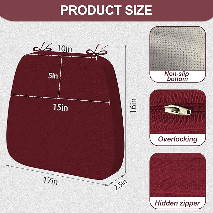 17'' x 16'' x 2.5"Thick Chair Cushions for Dining Chairs, 6 Pack WaterProof Easy Clean Kitchen Chair Pads with Ties and Non-Slip Backing - 30D High Elastic Foam Soft Kitchen Chair Cushions