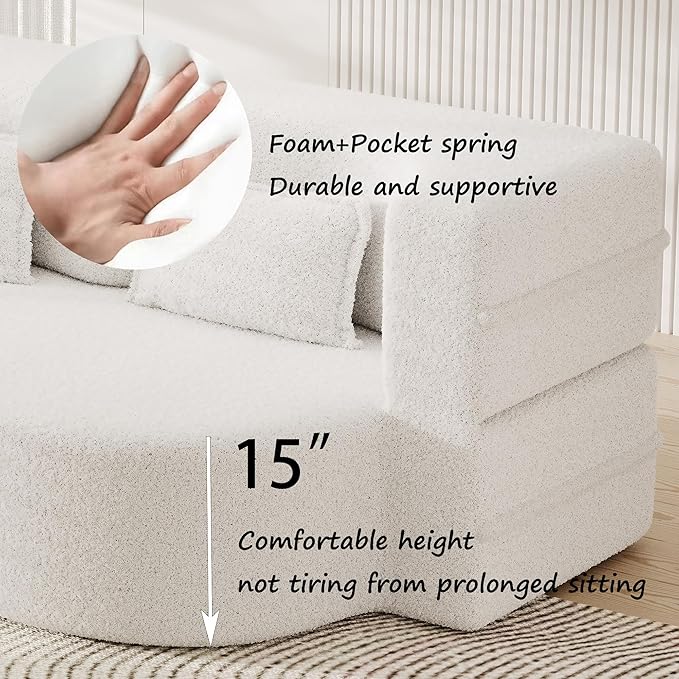 SZLIZCCC 78'' Modern Floor Sofa Bed, Convertible Teddy Fabric Sleeper with 2 Pillows, Modern Teddy Fabric Floor, Foam Folding Mattress for Living Room, Guest Bed, Playroom & Small Spaces (Beige)