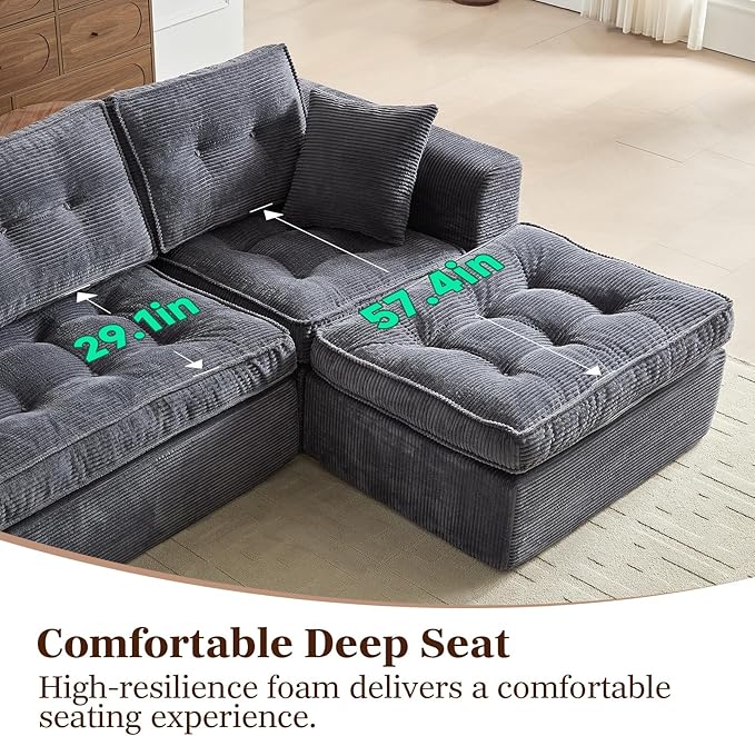 Modular Sectional Sofa, Modern Boneless Couch with L-Shape Chaise, Home Sectional Comfy Sofa Set for Living Room Bedroom and Floor, Plush Corduroy, No Assembly Required (Gray)
