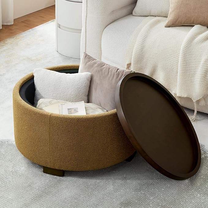 30 Inch Round Storage Ottoman, Ottoman Coffee Table with Lift Off Lid, Boucle Modern Ottomans with Storage for Living Room, Bedroom, Apartments (Yellow)
