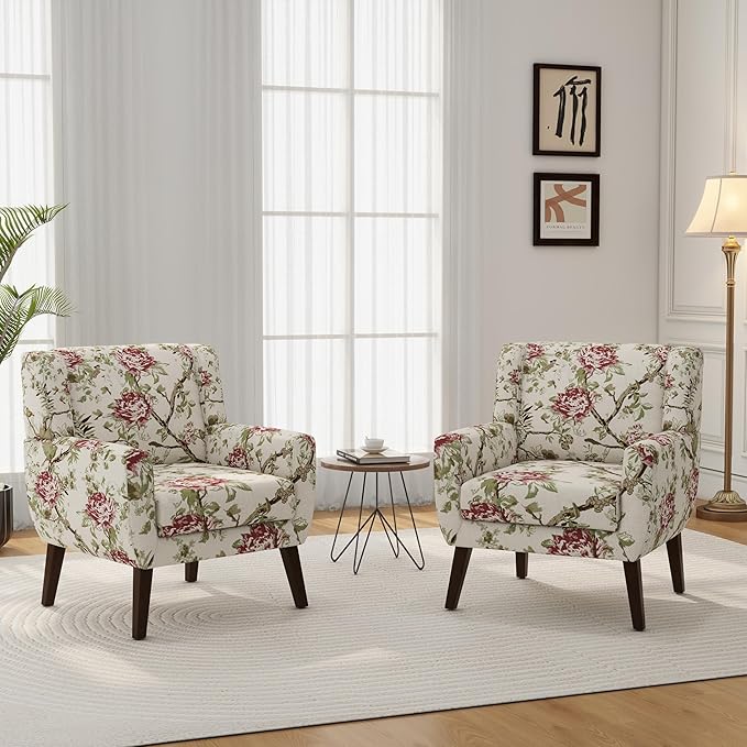DREAMSIDEA Accent Chair, Modern Linen Blend Arm Chair for Living Room, Bedroom, Comfy High-Resilient Sponge Reading Chair for Small Spaces (Pattern Red Floral, Set of 2)