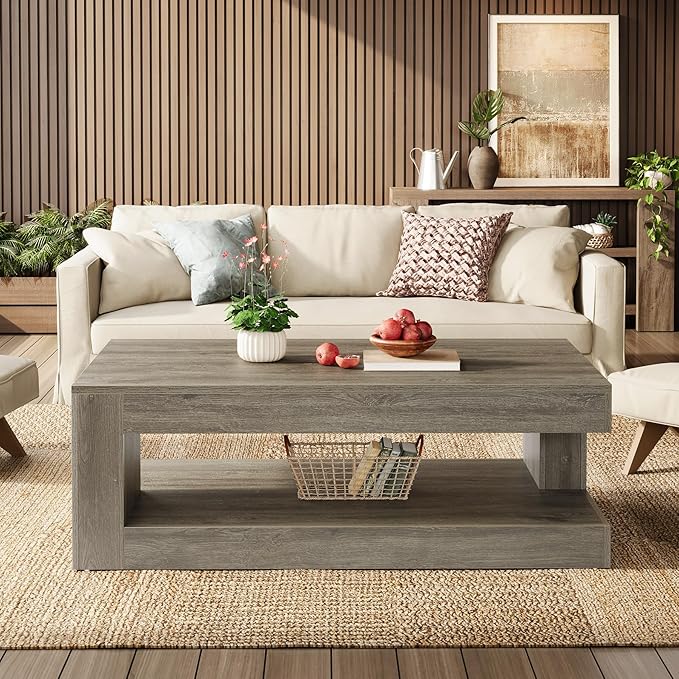 Tribesigns Coffee Table for Living Room, 47.24 Inch Farmhouse 2-Tier Accent Center Tea Cocktail Table with Storage, Elegant Grey, Rectangular