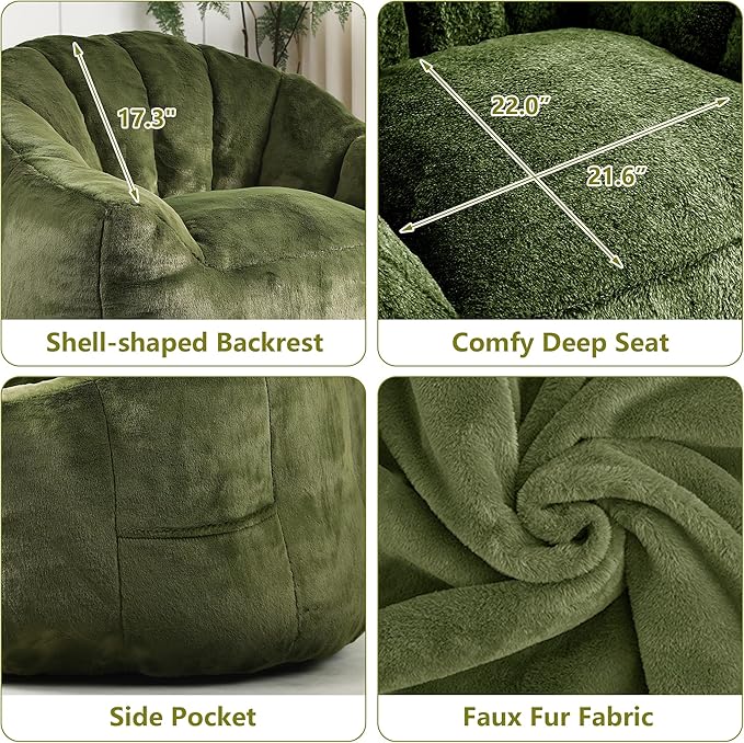 Setawix Giant Bean Bag Chair with Filler, Comfy Faux Fur Bean Bag Chairs for Adults and Kids, Lazy BeanBag Sofa Stuffed Floor Sofa with Memory Foam for Bedroom Apartment Living Room,Green