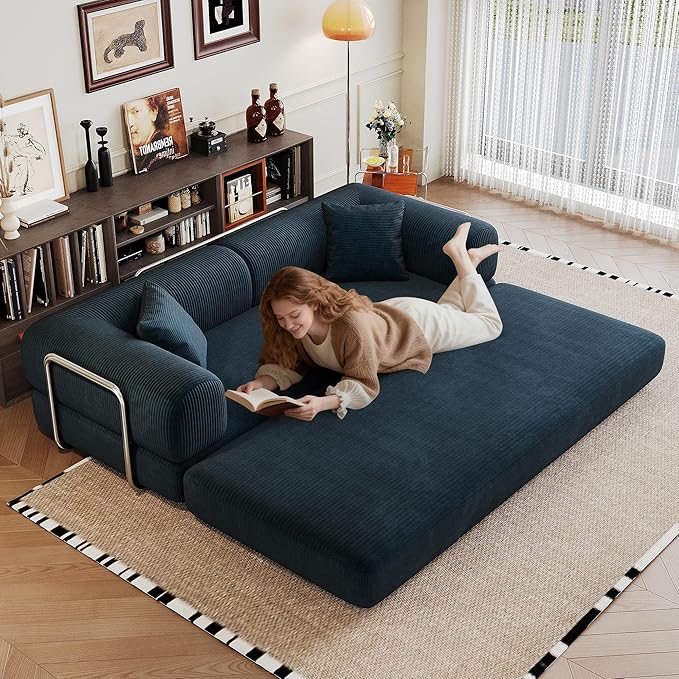 79" Convertible Sofa Bed, Corduroy Folding Pull Out Couch with Pillows, No Assembly Modern Boneless Couch Compression Sofa in Box, Floor Sofa with Support Rods for Living Room,Blue