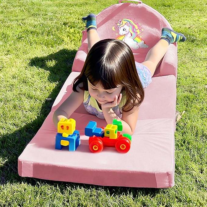 ORWIPO Unicorn Kids Sofa Bed with Removable Washable Cover & Hook and Loop Backrest – Foldable Toddler Chair, Cozy Crystal Velvet Furniture for Playtime, Naps & Travel (Pink, Unicorn Design)