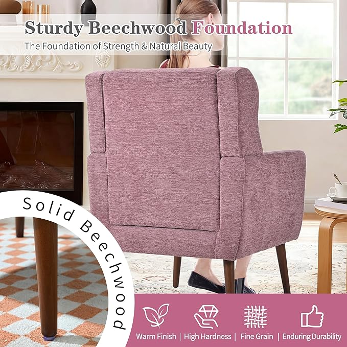 QKFF Accent Chair Set of 2, Upholstered Armchair with Pillow, Fabric Single Sofa Chair with Lounge Seat and Wood Legs Accent Chair for Living Room Small Spaces (Purple, Set of 2)