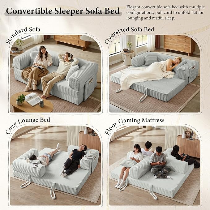 AUGOP Boneless Couch Folding Couches for Living Room Sofa, Futon Sofa Bed with Sleeper Sofa, Futon Couch with Fixed-Shape Oversized Corduroy Upholstered (Light Grey, 81 Inches)