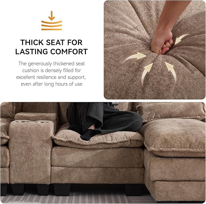 125'' U Shaped Cloud Modular Sofa with Chaise Lounges, Upholstered Comfy Sectional Couch with Storage Console, USB Charging & Cup Holders, Small Deep Seat Sofa for Living Room, Sherpa- Chenille Camel
