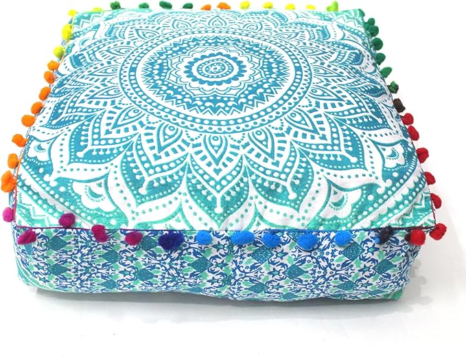 CRAFT KALA Green Ombre Large Hippie Mandala Meditation Floor Ottoman Pillow Cushion Pouf Cover Square Poufs Bohemian Circle Floor Cushion Case Outdoor Fireplace Yoga Living Room Decor Cover 24" Square