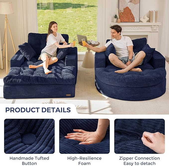 MAXYOYO Modular Sectional Chaise Lounge Sofa, 2 Sets Upholstered Lounge Chair with Ottoman, Comfy Round+ Square Couch with Layered Cushion, Tufted Sleeper Chair for Living Room, No Assembly, Navy