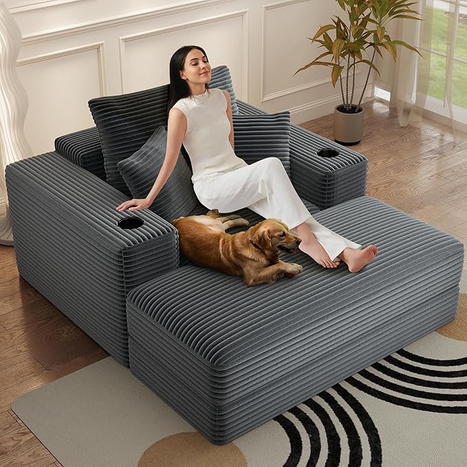52" Boneless Chaise Lounge Chair Indoor — Oversized Cloud-Like Cozy Comfy Modular 3-in-1 Sofa Bed for Reading, Living Room & Bedroom Corduroy Couch Sleeper, Grey
