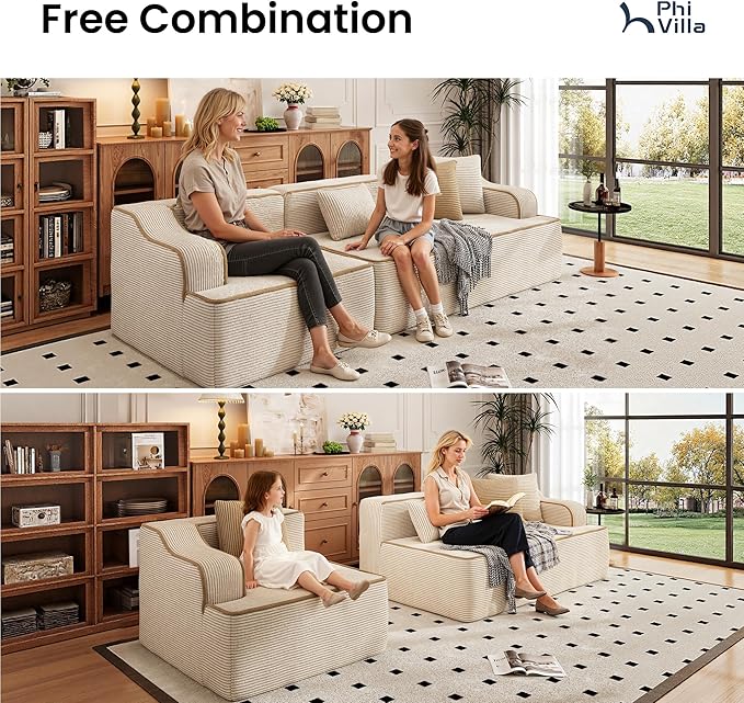 PHI VILLA Cloud Modular Couches, 105" Boneless Sectional Sofa with Deep Seat, 3-Seater Couch for Apartment Living Room Small Spaces, No Assembly Required, Corduroy, Beige