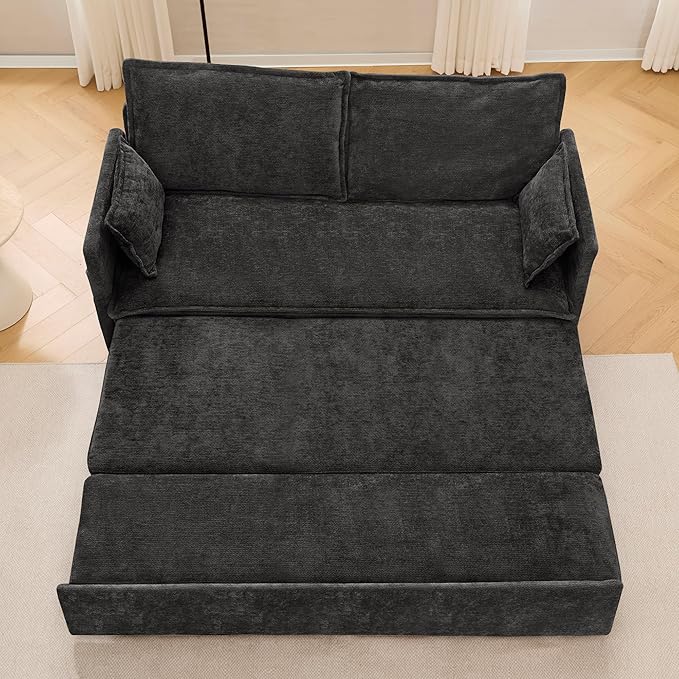 GRAINLLE Pull Out Couch,Loveseat Convertible Sleeper Sofa Bed with USB,Pull Out Sofa Bed Side Storage,2 Pillows,Corduroy Sleeper Couch for Living Room,Bedroom,Apartment,Pet-Friendly(Black, 59.5'')