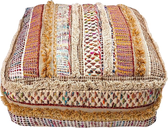 Mandala Life ART Bohemian Floor Cushion Cover - Pure Wool and Cotton Mix - 24x24x8 inches -Filler not Included - Artisan Hand Embroidery Patch Work - Boho Chic Luxury Moroccan Pouf Cover