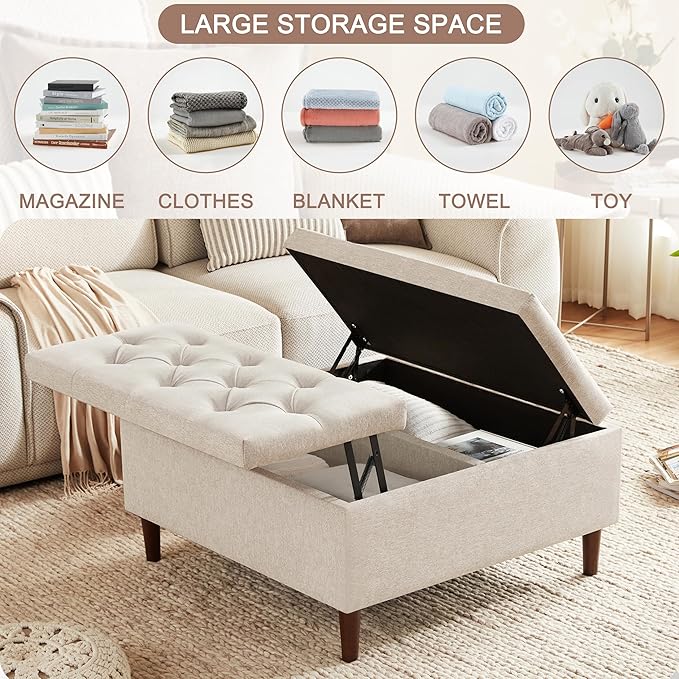 35 Inch Extra Large Storage Ottoman Coffee Table, No Assembly Required, Oversized Square Ottoman with Storage, Tufted Upholstered Ottomans Coffee Table for Living Room (Fabric, Beige)