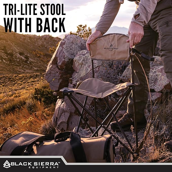 Black Sierra XL Trip-Lite Hunting Stool w/Backrest, Lightweight Portable Fishing Chair w/Cupholder and Carry Strap, Supports 225 Lbs, Portable Outdoor Chair for Hunting, Camping, Travel, Hiking