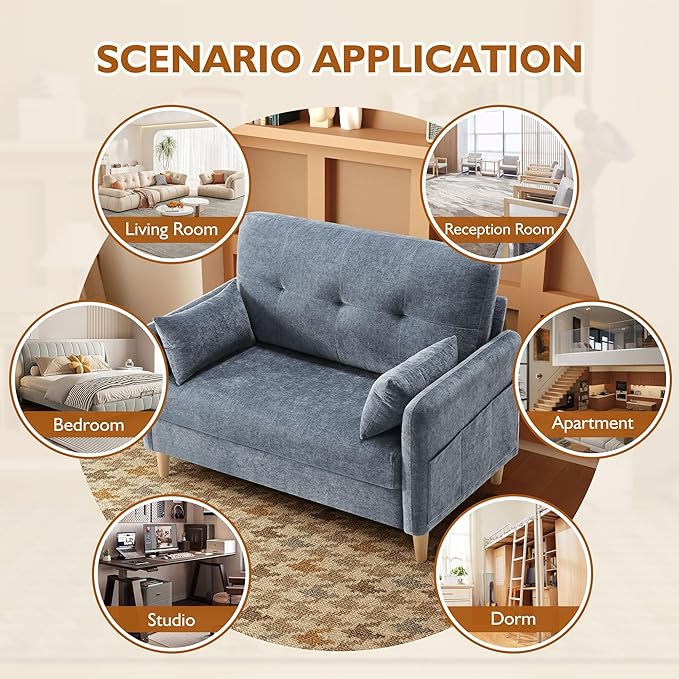 47" Small Sofa Couch for Bedroom, Soft Chenille loveseat Mini Couch with Throw Pillow and Removable Cushion Cover for Small Spaces, Living Room, Apartment, Dorm, Office(Blue Grey)