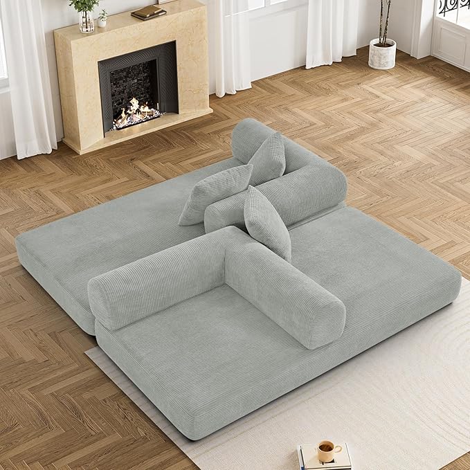 DAMAIFROM Convertible Sleeper Sofa Bed with Pillow, 4-in-1 Corduroy Folding Mattress Couch with Fixed-Shape Frame, Futon Fold Out Floor Sofa Cama Lounge Couch for Living Room Bedroom, Light Grey