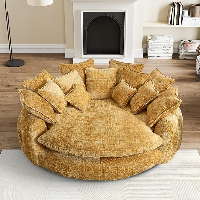81" Oversized Bean Bag Chair Boneless Round Chaise Lounge Comfy Chenille Reading Chair Fluffy Plush Sofa Bed Large Deep Seat Circle Cloud Couch for Living Room, Bedroom, Apartment, Yellow