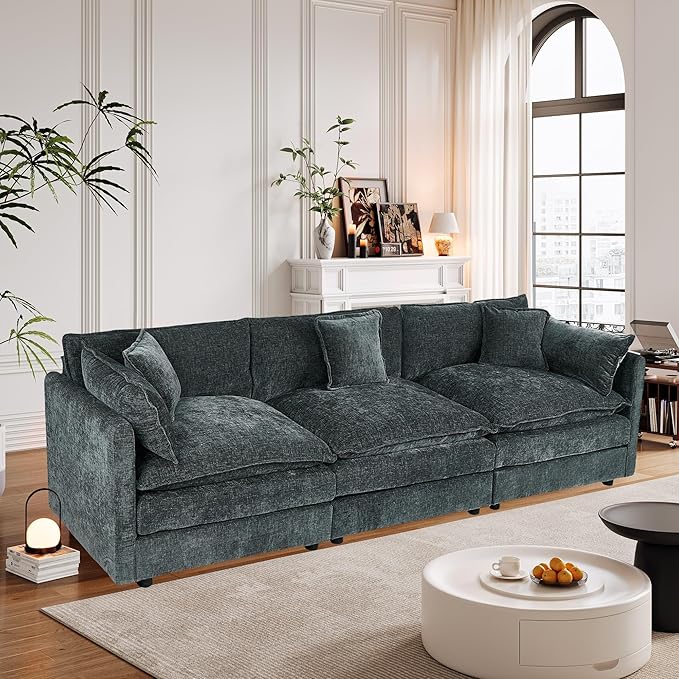 Aoowow Modular Sectional Sofa,112.2 Inch Deep 3-Seater Sofas Comfy Chenille Cloud Sofas and Couches with Pillows for Living Room Apartment（Grey）