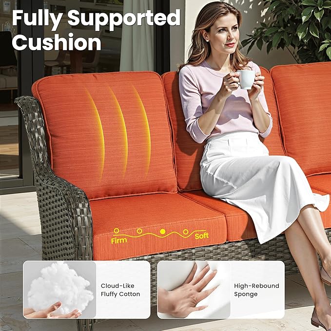 ovios 7 Pieces Patio Furniture Set, Outdoor Wicker Sofa Couch with Swivel Chairs 54" Fire Pit Table, High Back Modern All Weather Conversation Sets, Brown Rattan, Orange Red