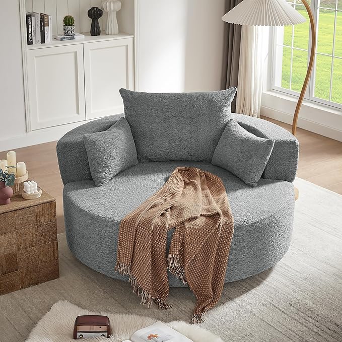 Merax 360° Swivel Chair, Chenille Fabric Accent Barrel Chair, Swivel Round Sofa Chair with 3 Removable Pillows for Living Room, Bedroom, Office and Hotel, Grey