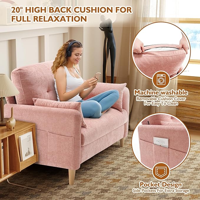 47" Small Sofa Couch for Bedroom, Soft Chenille loveseat Mini Couch with Throw Pillow and Removable Cushion Cover for Small Spaces, Living Room, Apartment, Dorm, Office(Pink)