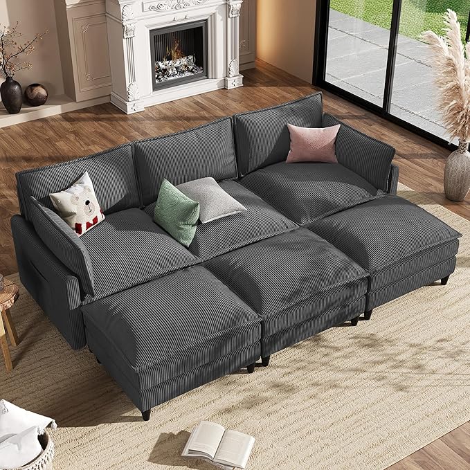 Apicizon 108" Cloud Couch Sectional, Modern Corduroy Cloud Sofa Set with Side Storage Pocket, Comfy Convertible Sleeper Couch with Chaise for Living Room, Apartment, Office, Grey