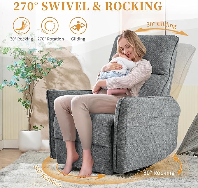 QKFF Power Swivel Rocker Recliner Chair for Nursery, Upholstered Snowflake Velvet 270°Swivel Glider Rocker Chair with USB Ports, Small Power Recliners for Small Spaces Living Room