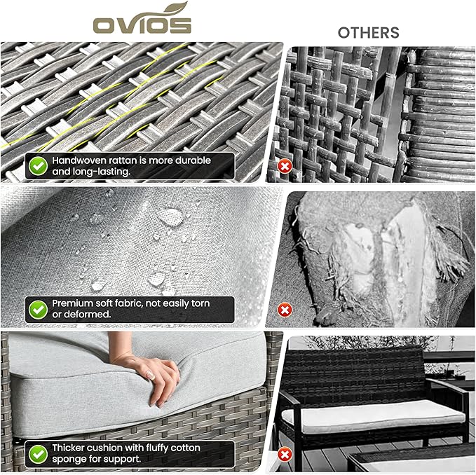 ovios 7 Pieces Patio Furniture Set, Outdoor Wicker Sofa Couch with Rocking Swivel Chairs Fire Pit Table, Modern Deep Seat Rattan Conversation Sets for Deck Porch, Grey
