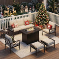 FansaFurn 7-Pieces Outdoor Patio Furniture Set with 43" Fire Pit Table, Outdoor Metal Sectional Sofa with Cushions, Outdoor Conversation Set for Garden, Balcony, Deck, Backyard, Khaki