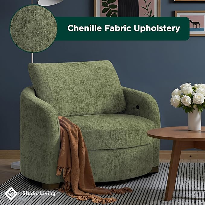 Studio Living® Manchester 44.1" Storage Chair, Modern Farmhouse, Pocket Coil Comfort, USB A & C Power, Easy Assembly, Chenille Fabric, Olive