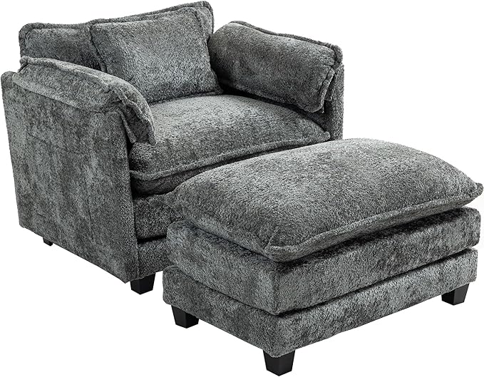 KEIKI Boucle Oversized Reading Chair with Storage & Ottoman, 40" W Modern Accent Chair W/Double Deep Cushion Seating, Comfy Upholstered Single Sofa Lounge Armchair for Living Room, Bedroom, Drak Grey