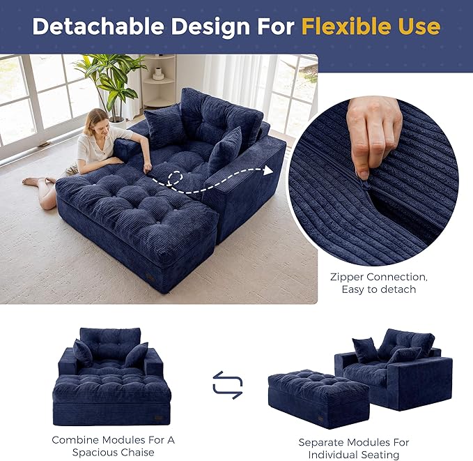 MAXYOYO Oversized Chaise Lounge Sofa, Upholstered Lounge Chair with 3 Pillows, Tufted Boneless Sofa Couch with Ottoman, Deep Seat Sleeper Chair for Living Room, Bedroom, No Assembly, Navy