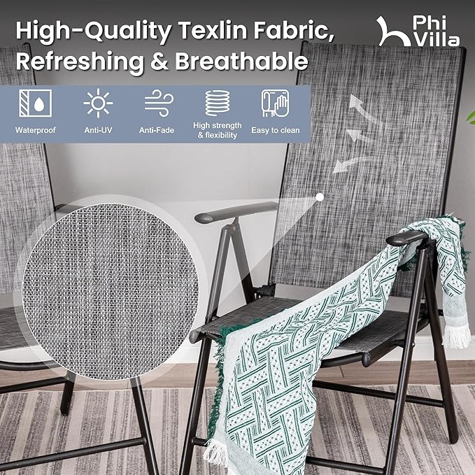PHI VILLA Outdoor Patio Folding Chairs Set of 6, Portable Patio Dining Chairs with Adjustable Backrest for Outside, Garden, Lawn & Yard, No Assembly, Grey