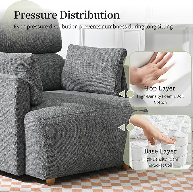 QKFF Modern Oversized Accent Chair with Storage Ottoman & 2 Side Pillows, Snowflake Fleece Upholstered Chaise Lounge Chair, Deep Seat Reading Chair for Living Room, 350lbs Capacity