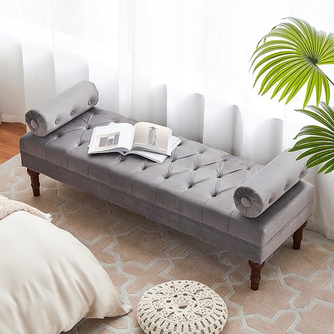 60.2" End of Bed Bench,Large Size Velvet Bench for Bedroom,Upholstered Window Bench with Button-Tufted,Entryway Bench,Storage Bench for Living Room(Gray)