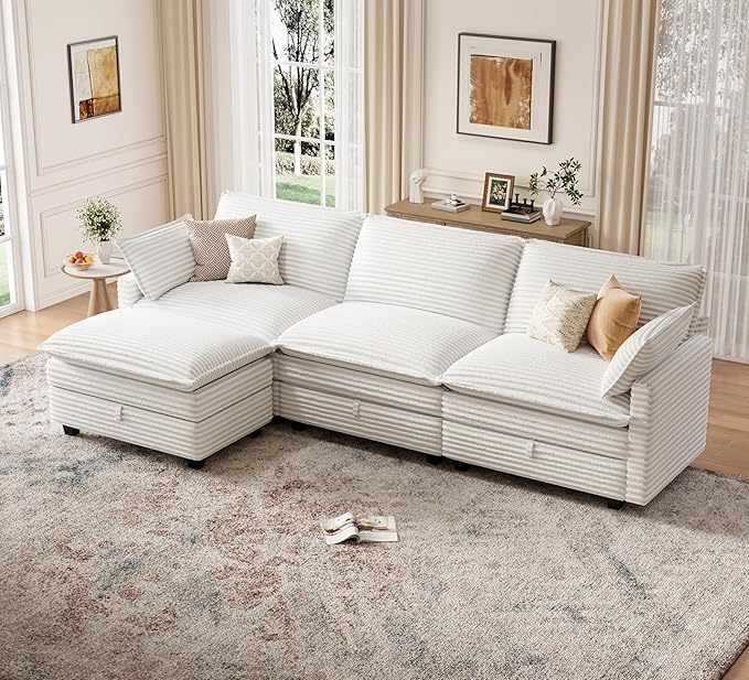 Modular Sectional L Shaped Sofa Couches with Storage Ottoman, Cloud Couch for Living Room, Comfy Sofa with Pillow, White
