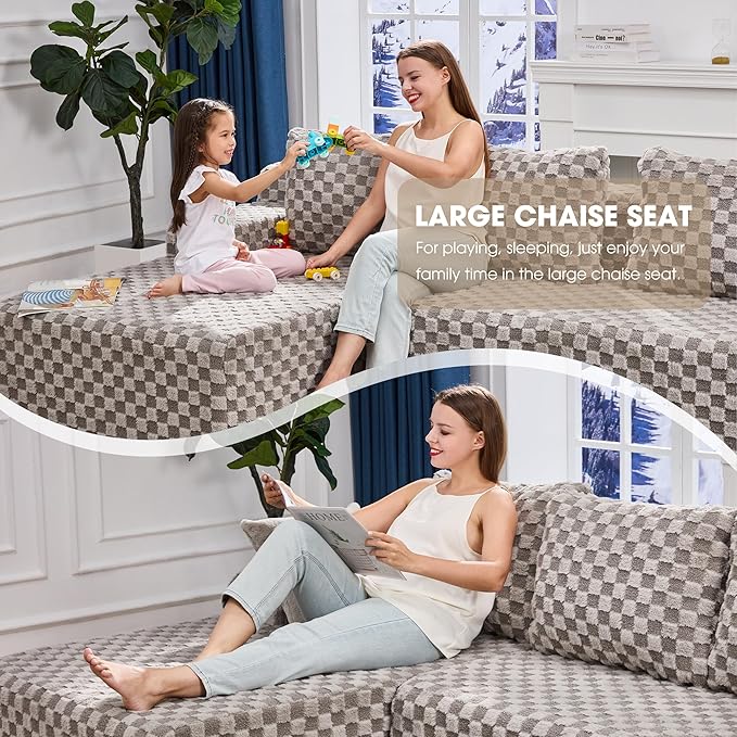 Modular Sectional Sofa Couches L-Shape Couch 3 Seat Modular Sofa Memory Foam Sectional Couches for Living Room, Cloud Couch with Oversized Chaise (Grey Check, 96" Left Facing Chaise)