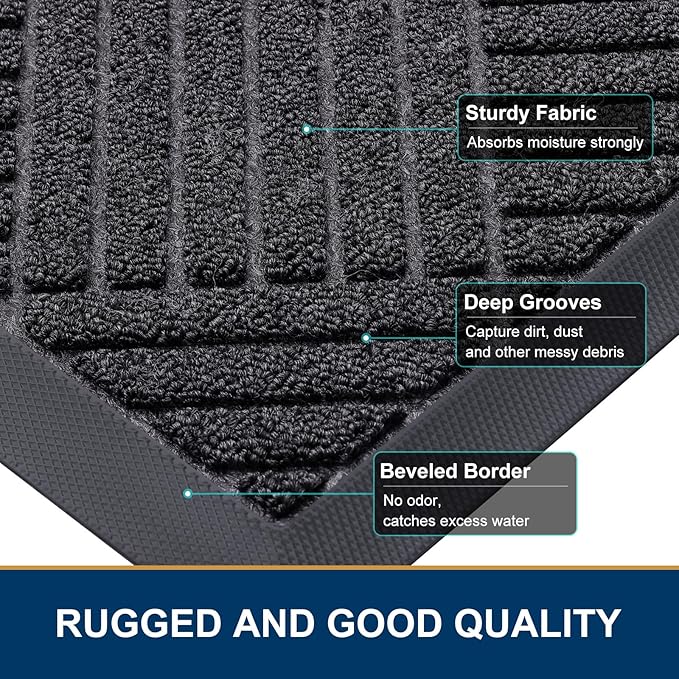 Smiry Front Door Mat Outside Entrance, Heavy Duty Outdoor Indoor Mat, Natural Rubber Doormat, Non Slip, Trap Dirt and Moisture, Easy Clean, Low Profile Patio Porch Entryway Mat, 29.5x17, Black Grey
