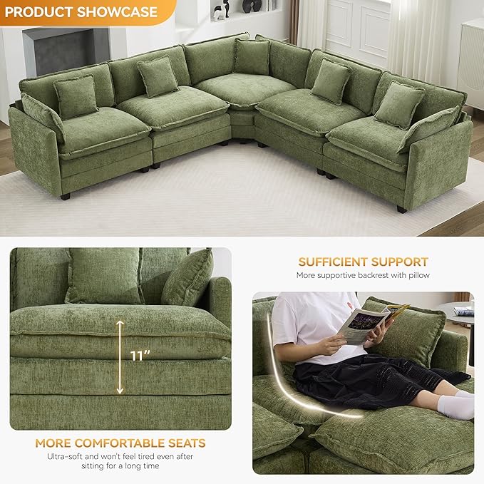113'' V Shaped Cloud Sectional Sofa, Oversized Deep Seat Couches for Living Room, Chenille Comfy Upholstered Modular Sectional Sofa Couch, Green