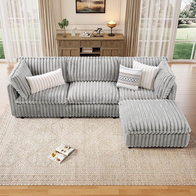 KKL Modular Sectional Couch for Living Room, L Shaped Corduroy Couches with 1 Ottomans, 4 Seater Oversized Sofa, Soft Fabric Modern Sofa, Grey