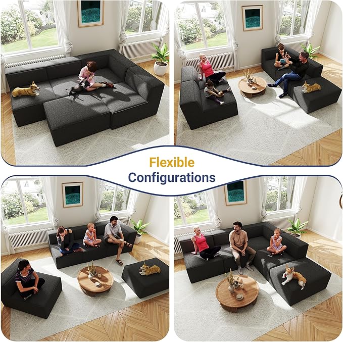 38“ Modular Sectional Sofa Convertible Cube Compressed Couch Seat Set, Combine L-Shaped U-Shaped, Free Assembly, Space-Saving for Living Room, Thick Foam Fabric Chenille Grey (Only Ottoman)