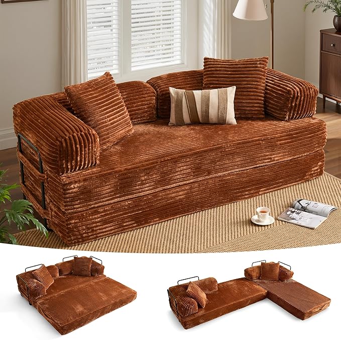 ovios 81" Folding Sofa Bed, Foldable Sleeper Boneless Couch with Pull Out Beds, Modular Convertible Floor Futon Loveseat Lounger for Living Room (Faux Fur, Brown)