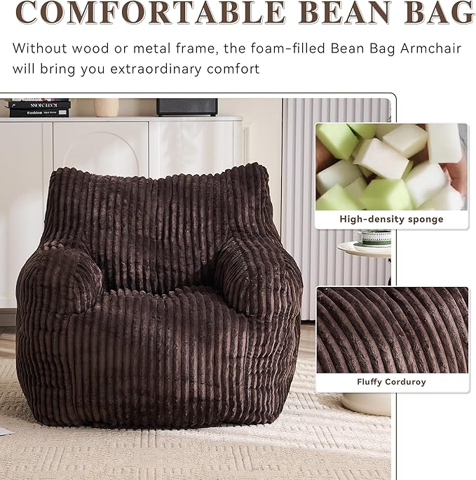 GDFStudio 37" Bean Bag Chair Oversize Bean Bag Lazy Floor Sofa with Back Support Comfy Corduroy Memory Foam Chair with Armrest for Living Room Bedroom, Brown