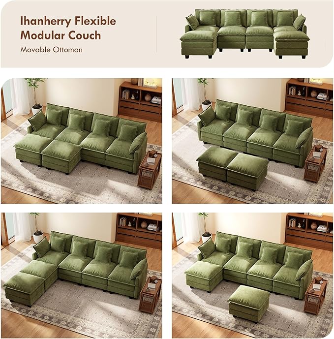 Ihanherry 106" U-Shaped Modern Sofa Modular Sectional Cloud Couch 6-Seat Chenille Seat Sofa with Ottoman for Living Room, Bedroom and Apartment, Green