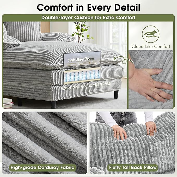 54.8" W Oversized Chaise Lounge Chair Indoor with 5-Position Adjustable Backrest, Corduroy Sleeper Sofa Bed with 3 Pillows, Modern Cloud Couch Chair for Living Room, Bedroom, Grey