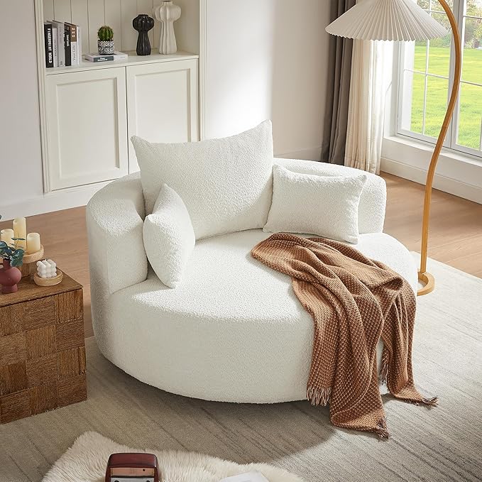 Merax 360° Swivel Chair, Chenille Fabric Accent Barrel Chair, Swivel Round Sofa Chair with 3 Removable Pillows for Living Room, Bedroom, Office and Hotel, Beige